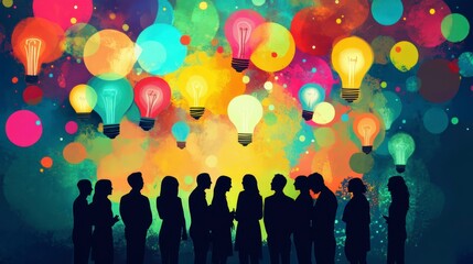 Colorful lightbulbs illuminate a group of people, symbolizing creative ideas and brainstorming.