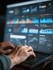 Close-up of hands typing on keyboard with keyword research tools on monitor for SEO optimization and data analysis