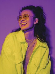 Fototapeta premium Gen-z beautiful asian fashionable female, wearing neon stylish clothes, happy, smiling, retro style in the style of Vaporwave fashion