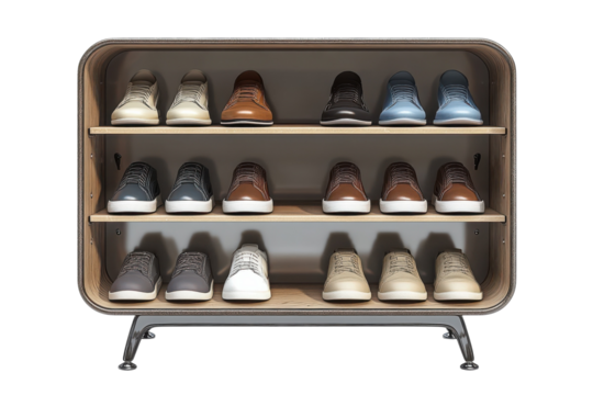 A stylishly organized shoe collection showcasing a range of textures and colors in retro on transparent background