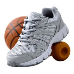Stylish Gray Athletic Shoe with Basketball for Sports and Fitness Activities in a Bright and Dynamic Setting