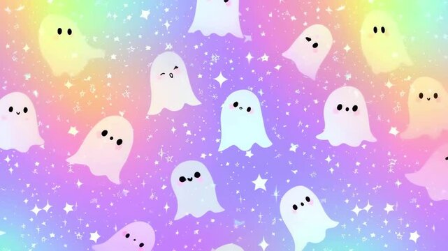 Cute Halloween 4k video. Kawaii cute ghosts, vibrant pink and purple, sweet, funny white ghosts. Flying on pastel background Happy Halloween or spooky background