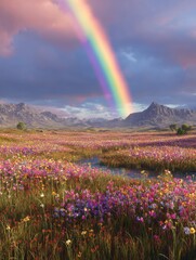 Witness a stunning natural phenomenon as a vibrant rainbow appears in the sky over a picturesque field of blooming flowers, A brilliant rainbow over a blooming meadow, AI Generated