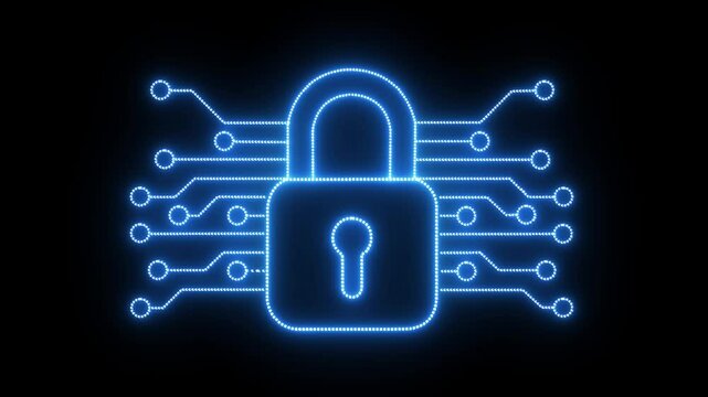 blue cyber security line icon on black background. Cyber security padlock. Strategies for Cyber Security, Data Protection, and Business Privacy against unauthorized access, cyber threats. 