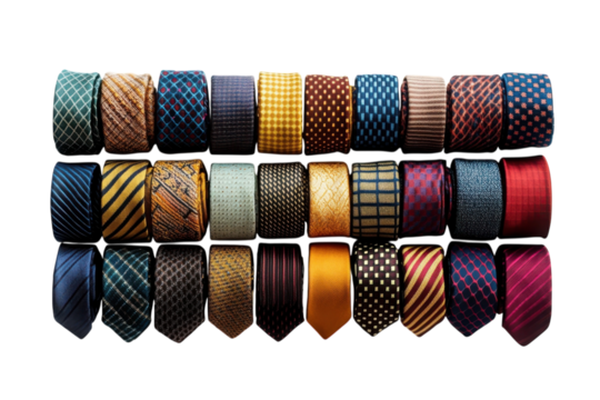 A symphony of silk and style a colorful collection of meticulously arranged neckties ready to on transparent background