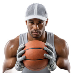 Intense Male Basketball Player Holding Ball with Focused Expression in Gray Sports Wear and Cap Isolated on White Background