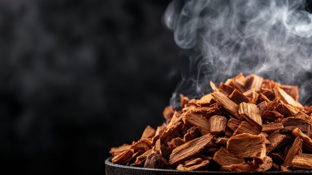 A pile of aromatic wood chips smoldering with smoke creates a warm, inviting atmosphere, enticing senses with the rich, earthy scent of nature and tranquility.