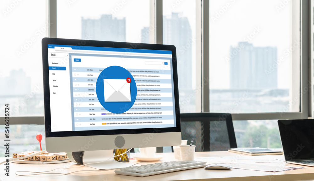 Poster email notification message showing on computer screen snugly. digital marketing message information 