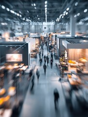 Obraz premium A blurred view of a bustling furniture fair showcasing modern designs and innovative styles in a spacious exhibition hall filled with light and creative displays