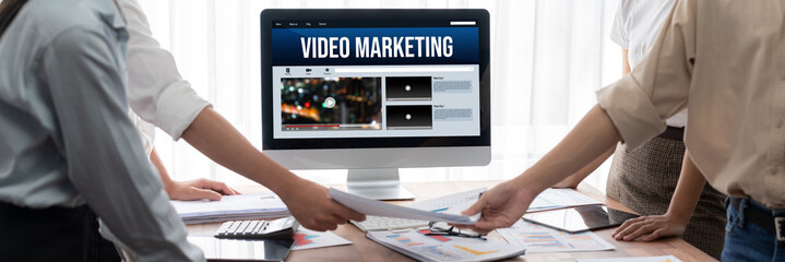 Video Marketing Concept on Laptop Screen. Video Marketing Advertising Business on Social Media and...