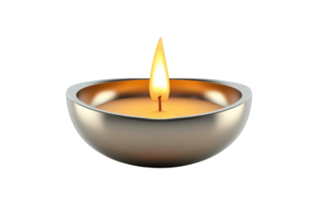 A solitary candle flame dances in a polished silver bowl radiating warmth and hope against a on transparent background