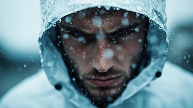 A close-up portrait of a man in a rain jacket, showcasing deep emotional intensity under heavy rain, capturing resilience and contemplation in a dramatic atmosphere.