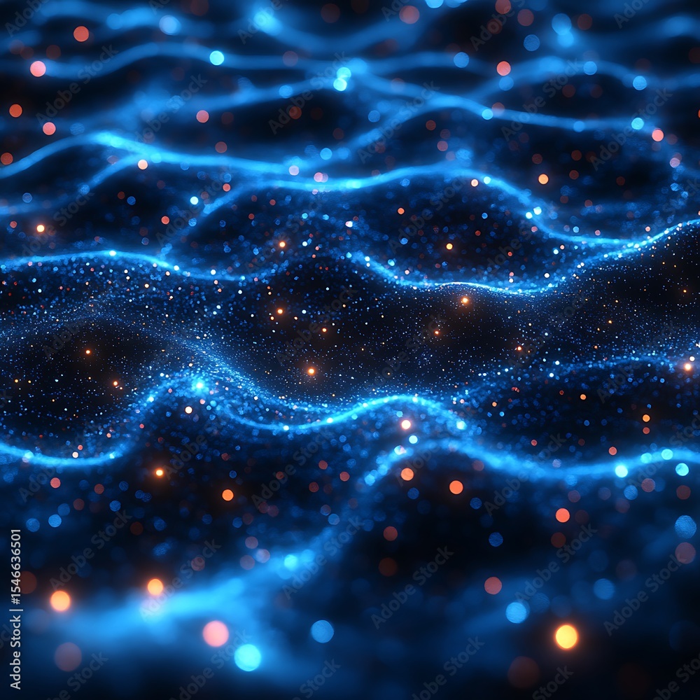 Wall mural abstract blue wavy digital photo with sparkles creating a sense of movement and energy for backgroun