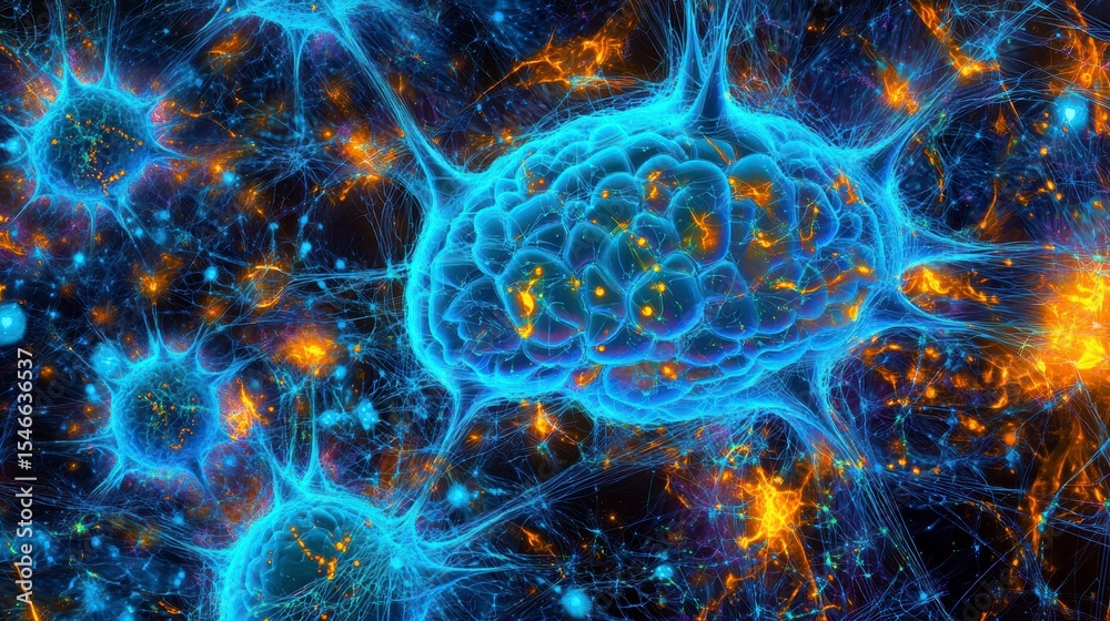 Poster microscopic view of neurons and synapses, intricate network of neural connections.