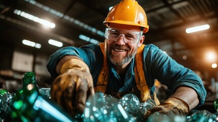 A cheerful worker wearing a safety helmet and goggles smiles while sorting glass bottles in an industrial recycling facility, emphasizing teamwork and eco-conservation.