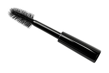 A sleek mysterious black mascara wand promising dramatic long lashes in a single swipe with on transparent background