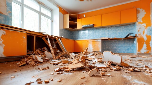 A chaotic scene depicting a partially demolished kitchen during renovation, showcasing debris and uncompleted work that reflects the journey of home improvement.