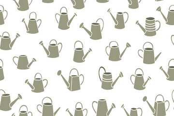 Seamless pattern of green watering cans in flat style. Agriculture and green ecology concept. Hand drawn watering can collection. Isolated on white background. Vector. 