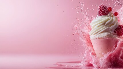 An artistic capture of an ice cream cup splashing with vibrant raspberries, creating a dynamic and appetizing image that conveys refreshment and indulgence in desserts.