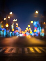Fototapeta premium Abstract blurred night street lights background. Defocused image of a city street at night.
