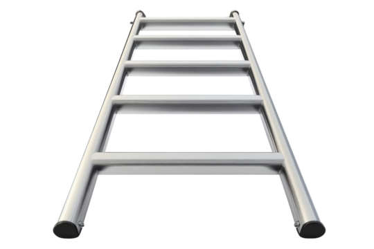 A shiny metal ladder reaching upwards in a metaphor for growth aspiration and upward mobility on transparent background