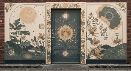 Obraz premium Celestial-themed mural on a door, blending sun, moon, and botanical elements in a whimsical design.