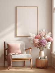 Mockup frame in interior background, room in light pastel colors, Scandi-Boho style, 3d render, Generative AI