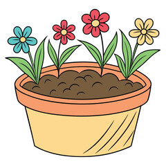 Colorful flowers bloom in a cartoonish brown pot filled with soil against white
