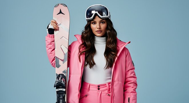 Beautiful skier in pink ski suit holding skis and looking at the camera.
