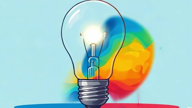 Colorful watercolor explosion from a light bulb symbolizes creativity, innovation, productivity, and the power of thinking differently on a blue background.