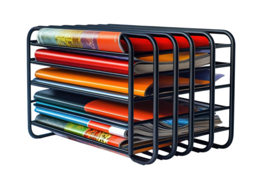 A practical desk organizer displaying vibrant folders and documents perfect for office or home on transparent background