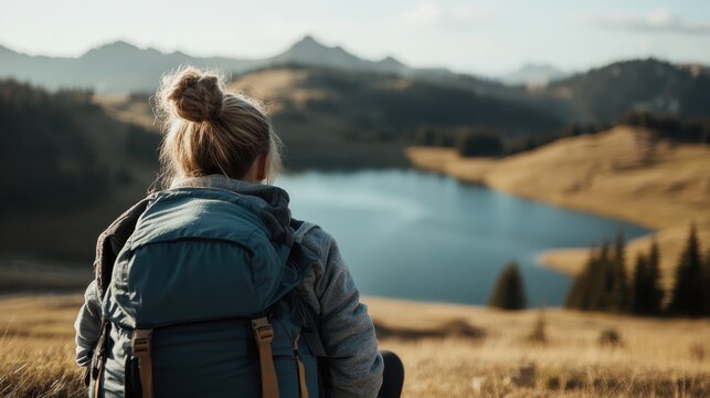 A peaceful image of a hiker sitting by a tranquil lake, contemplating the stunning mountain scenery, perfectly showcasing the beauty of nature and outdoor adventures. - Powered by Adobe
