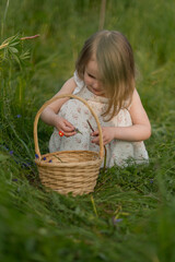 A girl with a wicker basket in a meadow, a picnic scene in the countryside.