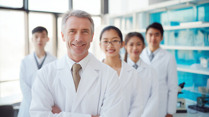A confident team of diverse scientists in white lab coats stands together in a modern laboratory, representing teamwork and innovation in healthcare or research.