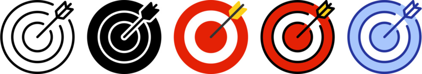 Target Board with Arrow Icons – Bullseye Symbol Set in Flat, Line, and Color Styles for Business Goals and Marketing Strategy © VectoPick