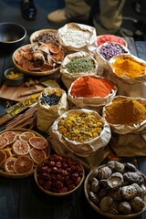 Colorful selection of dried herbs, spices, and natural ingredients in paper bags on rustic market table. Traditional Asian and herbal medicine concept.