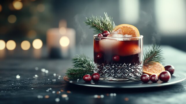A beautifully crafted festive drink with cranberries and orange zest stands elegantly on a black plate, embodying the spirit of celebration and joyous holiday gatherings.