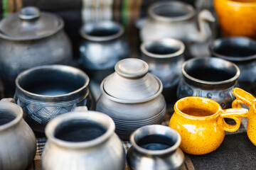 Ceramic dishes, tableware and jugs sold on Kaziuko muge or Kaziukas fair, traditional Easter market in Vilnius, Lithuania