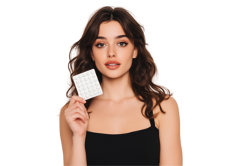 A beautiful woman holds up an open white package of birth control pills in front, isolated on a transparent background.
