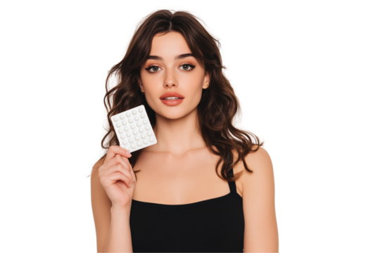 A beautiful woman holds up an open white package of birth control pills in front, isolated on a transparent background.