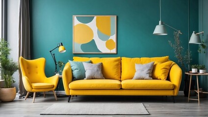 Yellow Sofa Pops Against Teal Wall
