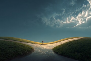 Fork in the road concept image of a person standing at crossroads with sky and clouds landscape view