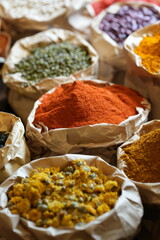 Colorful selection of dried herbs, spices, and natural ingredients in paper bags on rustic market table. Traditional Asian and herbal medicine concept.