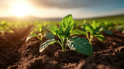 A close-up of vibrant spinach seedlings breaking through rich dark soil, symbolizing growth, nourishment, and connection to the earth in a beautifully lit morning.