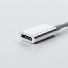 Fototapeta premium Sleek silver USB-C adapter cable close-up showcasing its modern design and connectivity for high-speed data transfer and charging.