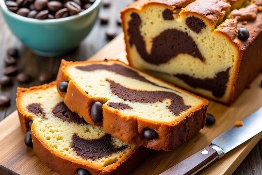 Delicious swirled coffee cake loaf slices on wooden board