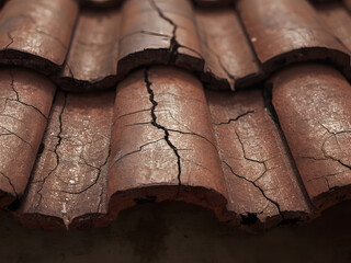 Cracked Roof Tiles: A detailed shot reveals aged, weather-worn roof tiles marked by deep cracks, offering a glimpse into architectural history and the passage of time.