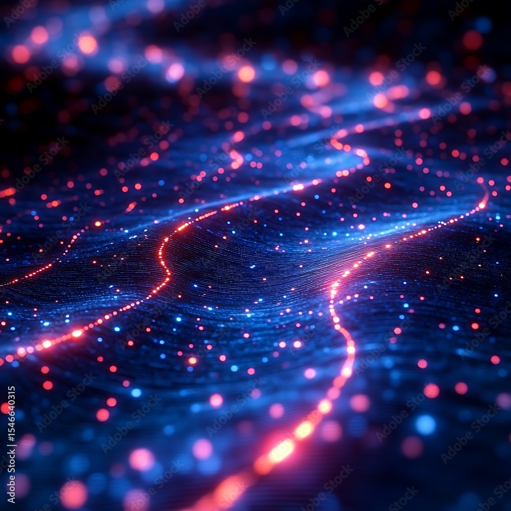 Wall mural abstract digital landscape of flowing data streams and glowing particles in artistic photo