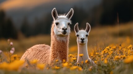 Obraz premium A serene image capturing two llamas, a mother and her young one, in a beautiful meadow filled with colorful flowers, conveying a sense of warmth and togetherness in nature.