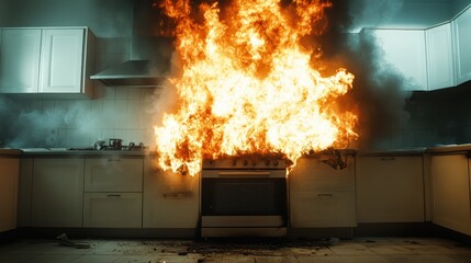 A dramatic kitchen fire engulfs the stove, showcasing the devastating potential of cooking hazards when safety is neglected in a domestic setting.